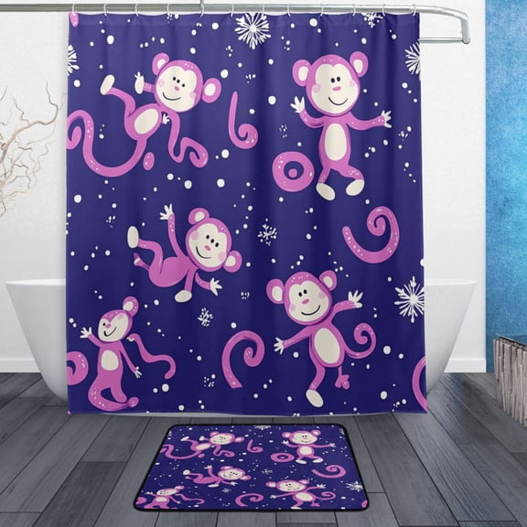 Bath Curtain & Non-Slip Bath Mat Set 12-Grommet Shower Curtain Memory Foam Bath Rug Pink Monkey Pattern