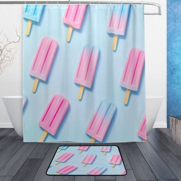 Bath Curtain & Non-Slip Bath Mat Set 12-Grommet Shower Curtain Memory Foam Bath Rug Pink Popsicle Pattern