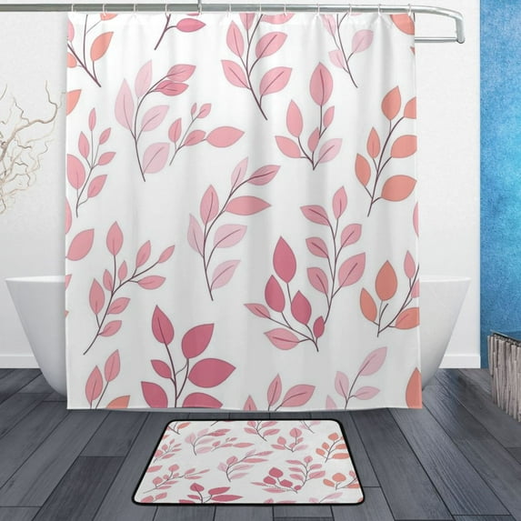 Bath Curtain & Non-Slip Bath Mat Set 12-Grommet Shower Curtain Memory Foam Bath Rug Pink and Coral Leaves