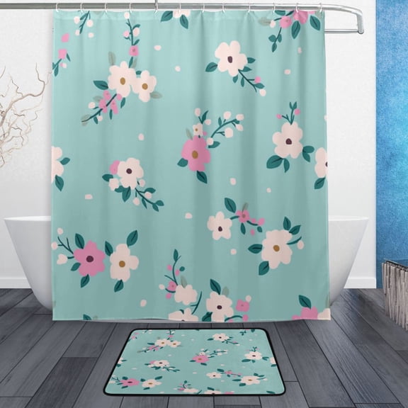 Bath Curtain & Non-Slip Bath Mat Set 12-Grommet Shower Curtain Memory Foam Bath Rug Pink and Teal Floral Pattern