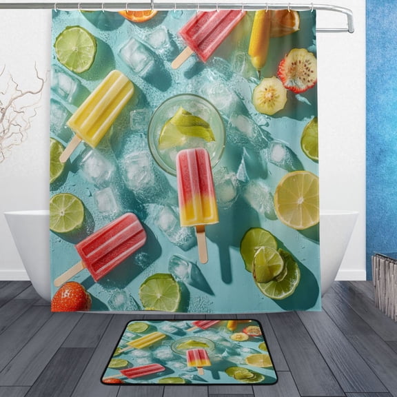 Bath Curtain & Non-Slip Bath Mat Set 12-Grommet Shower Curtain Memory Foam Bath Rug Popsicles and Fruit Slices