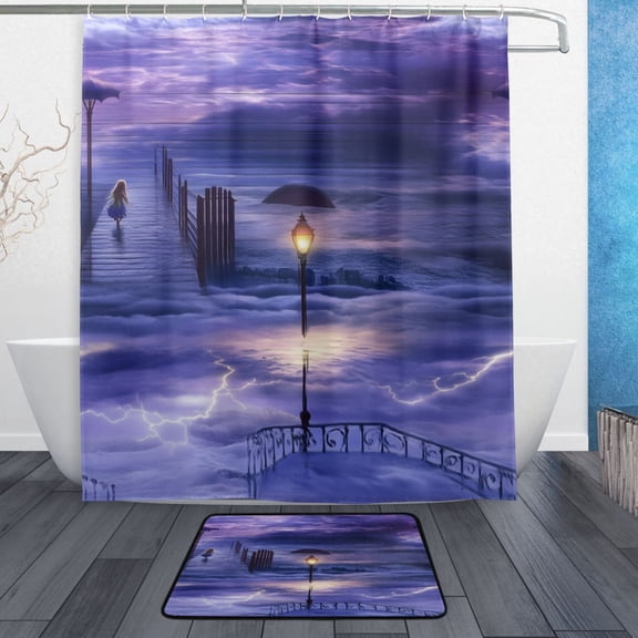 Bath Curtain & Non-Slip Bath Mat Set 12-Grommet Shower Curtain Memory Foam Bath Rug Purple Clouds