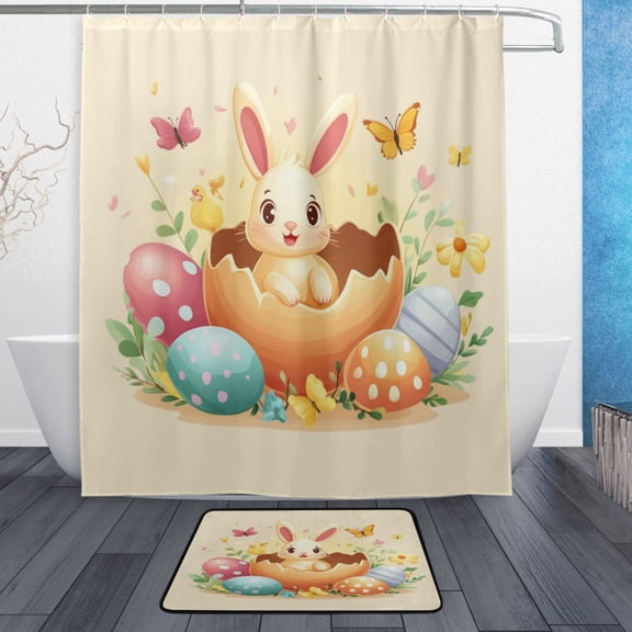 Bath Curtain & Non-Slip Bath Mat Set 12-Grommet Shower Curtain Memory Foam Bath Rug Rabbits in Eggshells