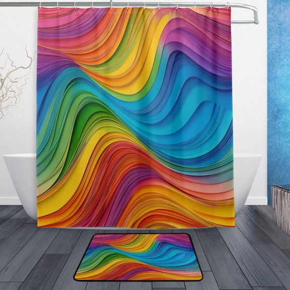 Bath Curtain & Non-Slip Bath Mat Set 12-Grommet Shower Curtain Memory Foam Bath Rug Rainbow Wavy Lines