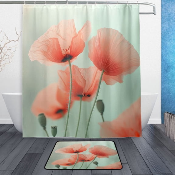 Bath Curtain & Non-Slip Bath Mat Set 12-Grommet Shower Curtain Memory Foam Bath Rug Red Blurred Flowers