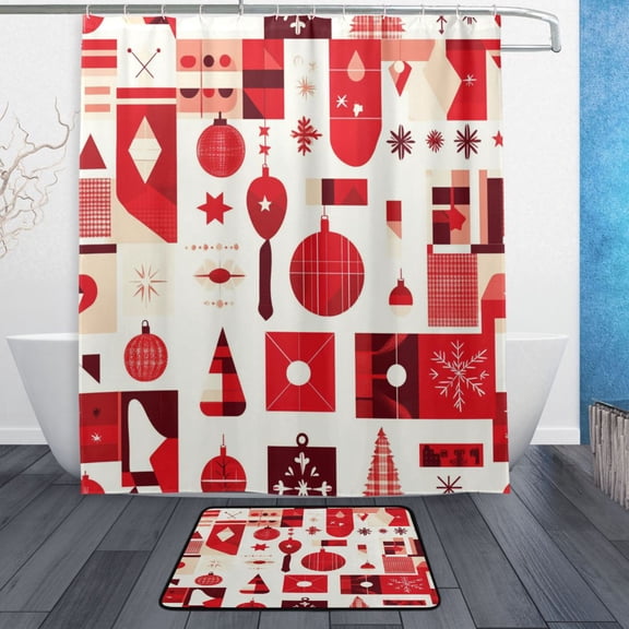 Bath Curtain & Non-Slip Bath Mat Set 12-Grommet Shower Curtain Memory Foam Bath Rug Red Christmas Decorations