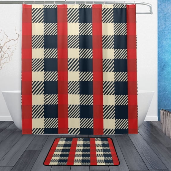 Bath Curtain & Non-Slip Bath Mat Set 12-Grommet Shower Curtain Memory Foam Bath Rug Red Plaid Pattern