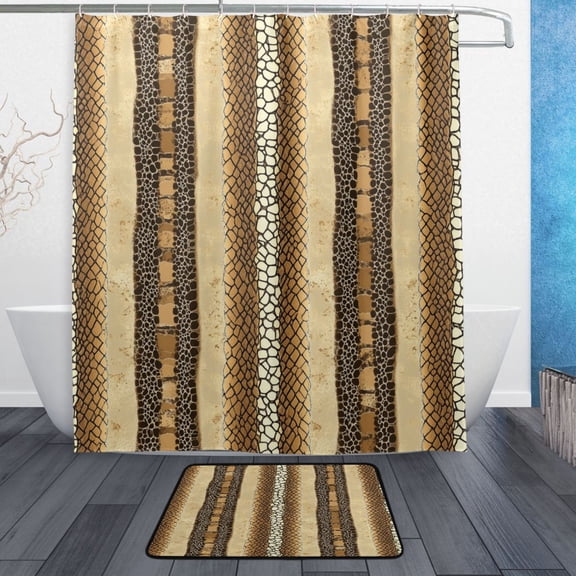 Bath Curtain & Non-Slip Bath Mat Set 12-Grommet Shower Curtain Memory Foam Bath Rug Snake Skin Patterned Texture