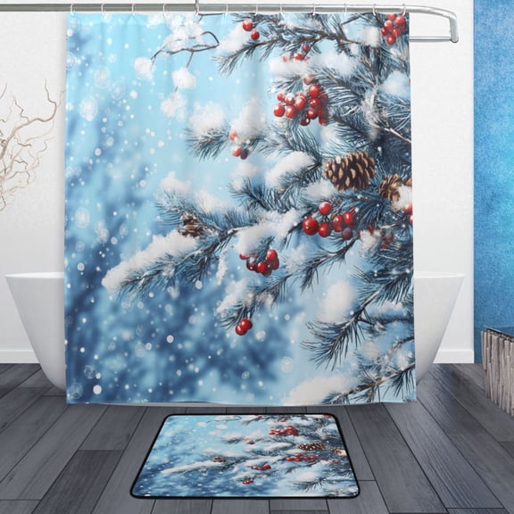 Bath Curtain & Non-Slip Bath Mat Set 12-Grommet Shower Curtain Memory Foam Bath Rug Snow-covered Pine Branches