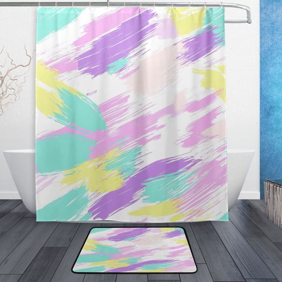 Bath Curtain & Non-Slip Bath Mat Set 12-Grommet Shower Curtain Memory Foam Bath Rug Soft Pastel Colors Pattern