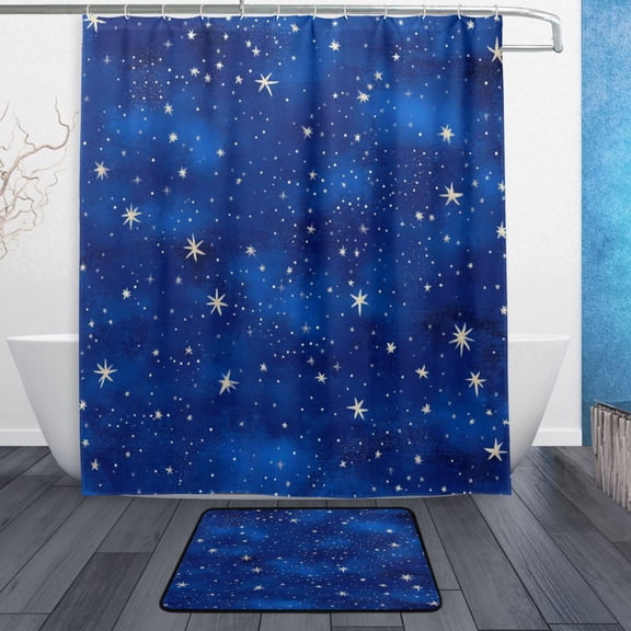 Bath Curtain & Non-Slip Bath Mat Set 12-Grommet Shower Curtain Memory Foam Bath Rug Starry Night Sky Pattern