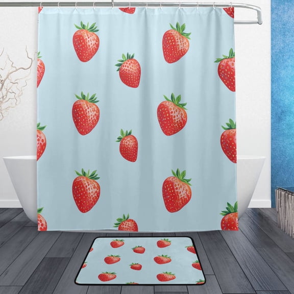 Bath Curtain & Non-Slip Bath Mat Set 12-Grommet Shower Curtain Memory Foam Bath Rug Strawberry