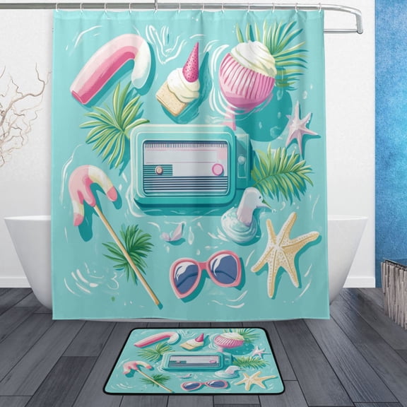 Bath Curtain & Non-Slip Bath Mat Set 12-Grommet Shower Curtain Memory Foam Bath Rug Summer Elements