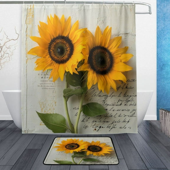 Bath Curtain & Non-Slip Bath Mat Set 12-Grommet Shower Curtain Memory Foam Bath Rug Two Sunflowers