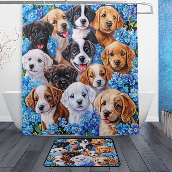 Bath Curtain & Non-Slip Bath Mat Set 12-Grommet Shower Curtain Memory Foam Bath Rug Various Breeds Dogs