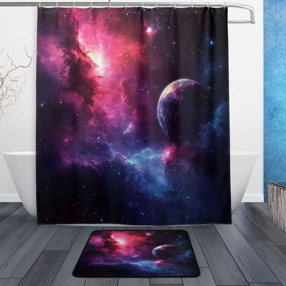 Bath Curtain & Non-Slip Bath Mat Set 12-Grommet Shower Curtain Memory Foam Bath Rug Vibrant Space Background