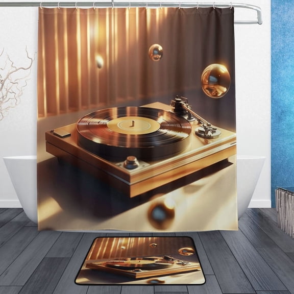 Bath Curtain & Non-Slip Bath Mat Set 12-Grommet Shower Curtain Memory Foam Bath Rug Vinyl Record Player Pattern