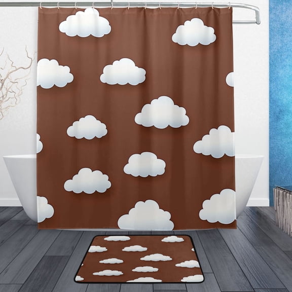 Bath Curtain & Non-Slip Bath Mat Set 12-Grommet Shower Curtain Memory Foam Bath Rug White Clouds