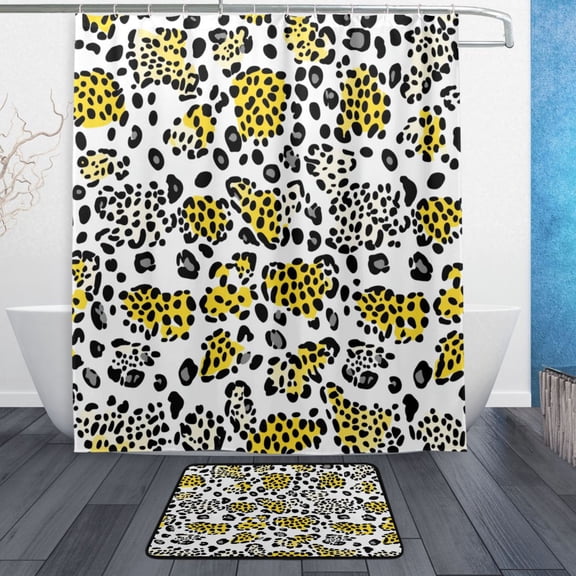 Bath Curtain & Non-Slip Bath Mat Set 12-Grommet Shower Curtain Memory Foam Bath Rug White Leopard Print Pattern
