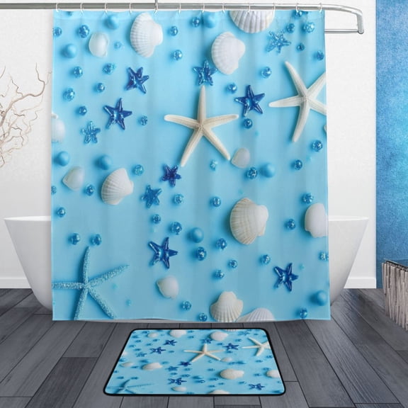 Bath Curtain & Non-Slip Bath Mat Set 12-Grommet Shower Curtain Memory Foam Bath Rug White Seashells and Starfish