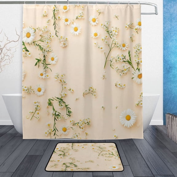 Bath Curtain & Non-Slip Bath Mat Set 12-Grommet Shower Curtain Memory Foam Bath Rug White Small Daisy