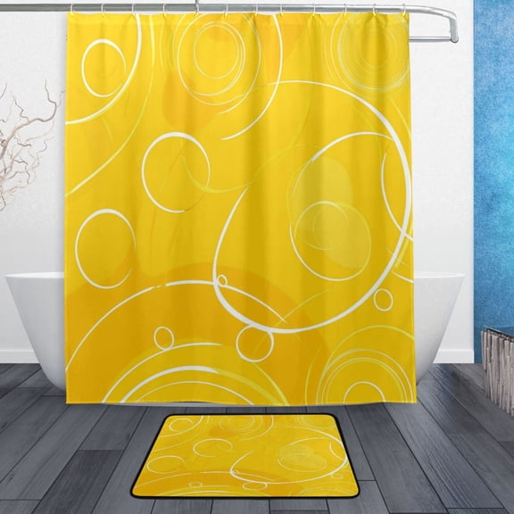 Bath Curtain & Non-Slip Bath Mat Set 12-Grommet Shower Curtain Memory Foam Bath Rug Yellow Circles and Lines