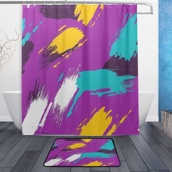 Bath Curtain & Non-Slip Bath Mat Set 12-Grommet Shower Curtain Memory Foam Bath Rug Yellow and Teal Pattern