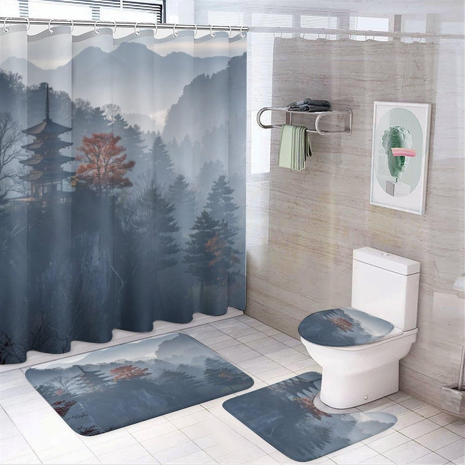 Bath Curtains Shower Set, Bird Tree Pattern Printed on Bathroom Decor ...