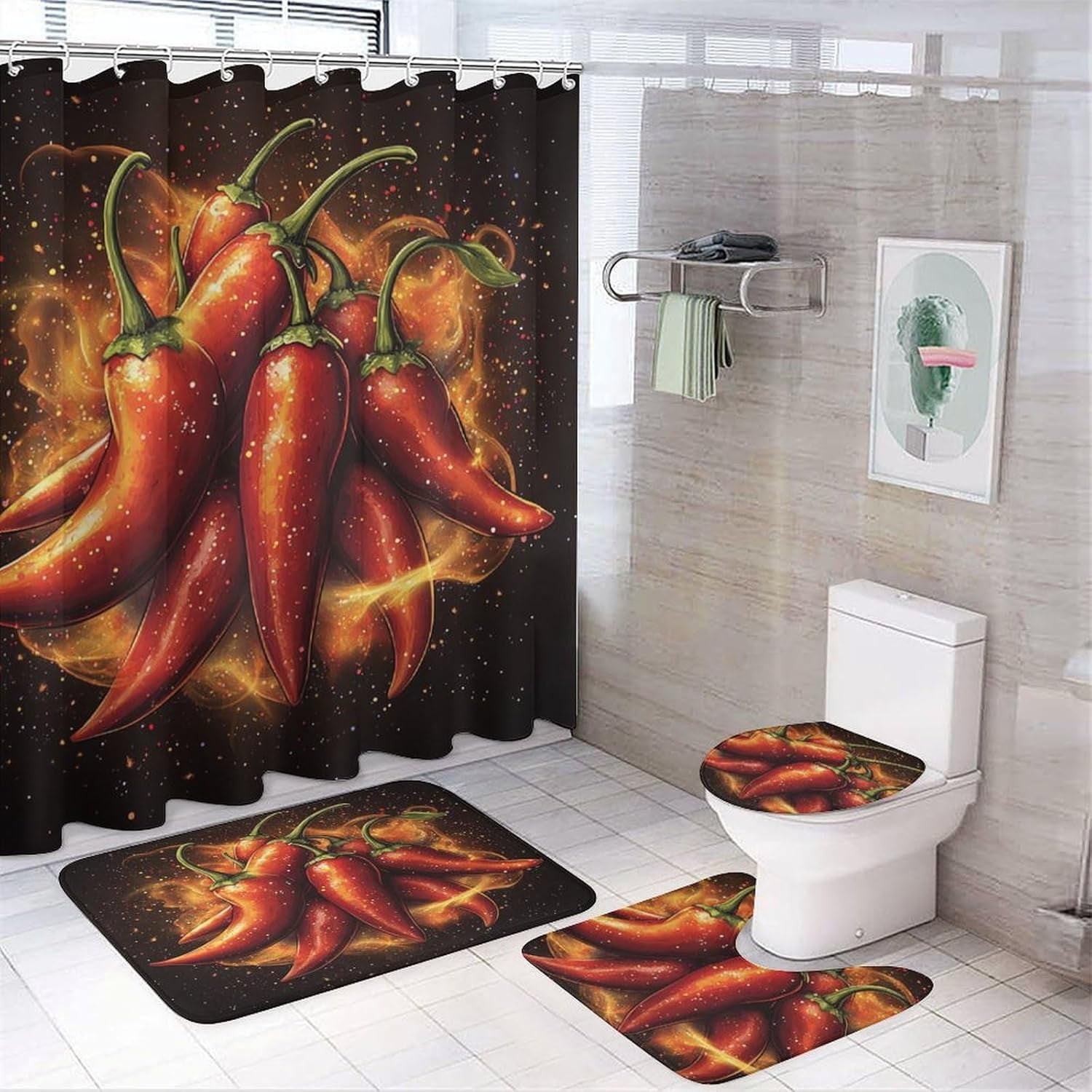 Bath Curtains Shower Set, Christmas Pattern Printed on Bathroom Decor