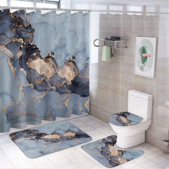 Bath Curtains Shower Set, Marble Pattern Printed on Bathroom Shower Curtain and Rug Set, Great for Master Bath Beach House Modern Home, 72 x 72 inches
