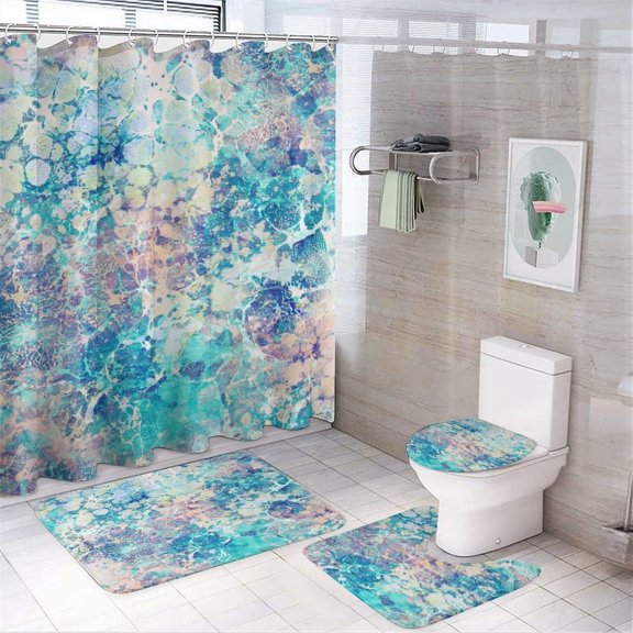 Bath Curtains Shower Set, Marble Pattern Printed on Bathroom Shower Curtain and Rug Set, Great for Master Bath Beach House Modern Home, 72 x 72 inches