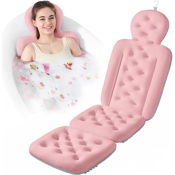 Luxury Bath Cushion, Full Body Bathtub Pillow with 160 Suction Cups, Bath Mat for Head and Neck Support, with Laundry Bag (​Light Pink, 51.2" x 16.2")