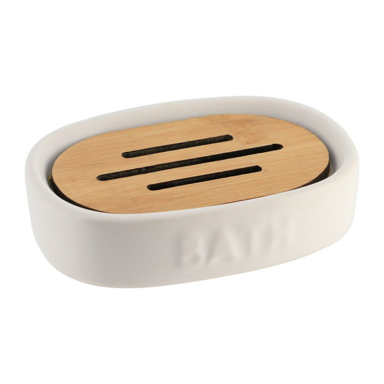 Bath D Soap Dish Cup Dispenser White and Bamboo Tray