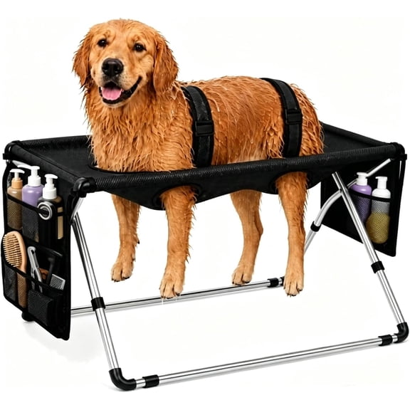 Bath for Dogs, Foldable 8-Hole Mesh Grooming Hammock with Steel Stand, Breathable Quick-Dry Sling, Freestanding Grooming Station for Small Medium Pets Bathing Nail Trimming