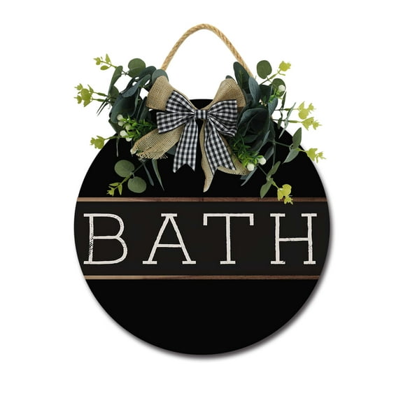 Bath Door Sign Home Decor Round Wood Wreaths Wall Hanging Sign Farmhouse Porch Sign Front Door Decoration for Housewarming Gift All Seasons Holiday,11In