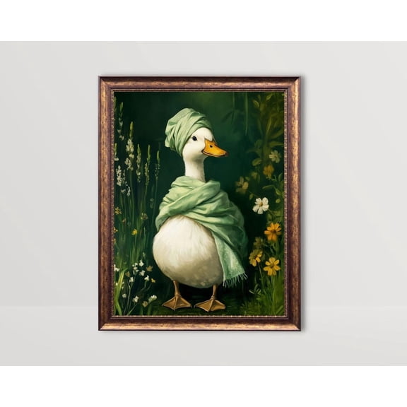 After Bath Duck, Whimsical Bathroom Wall Art, Goose in Head Towel Dark Green Shower Print, Trendy Fun Animal Prints Bathroom Poster, Unframed Canvas Size 12x18
