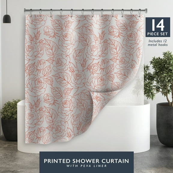 Bath Essentials 14 Piece Shower Curtain Set: Shower Curtain Liner, Shower Curtain and 12 Hooks for Hanging - Elegant Rose