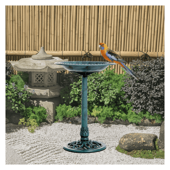 Bath Feeder, 27.5" Outdoor baths - Verdigris Resin Water Fountain - Decorative Garden Bath Bowl with Stake for Small , Yard Decor