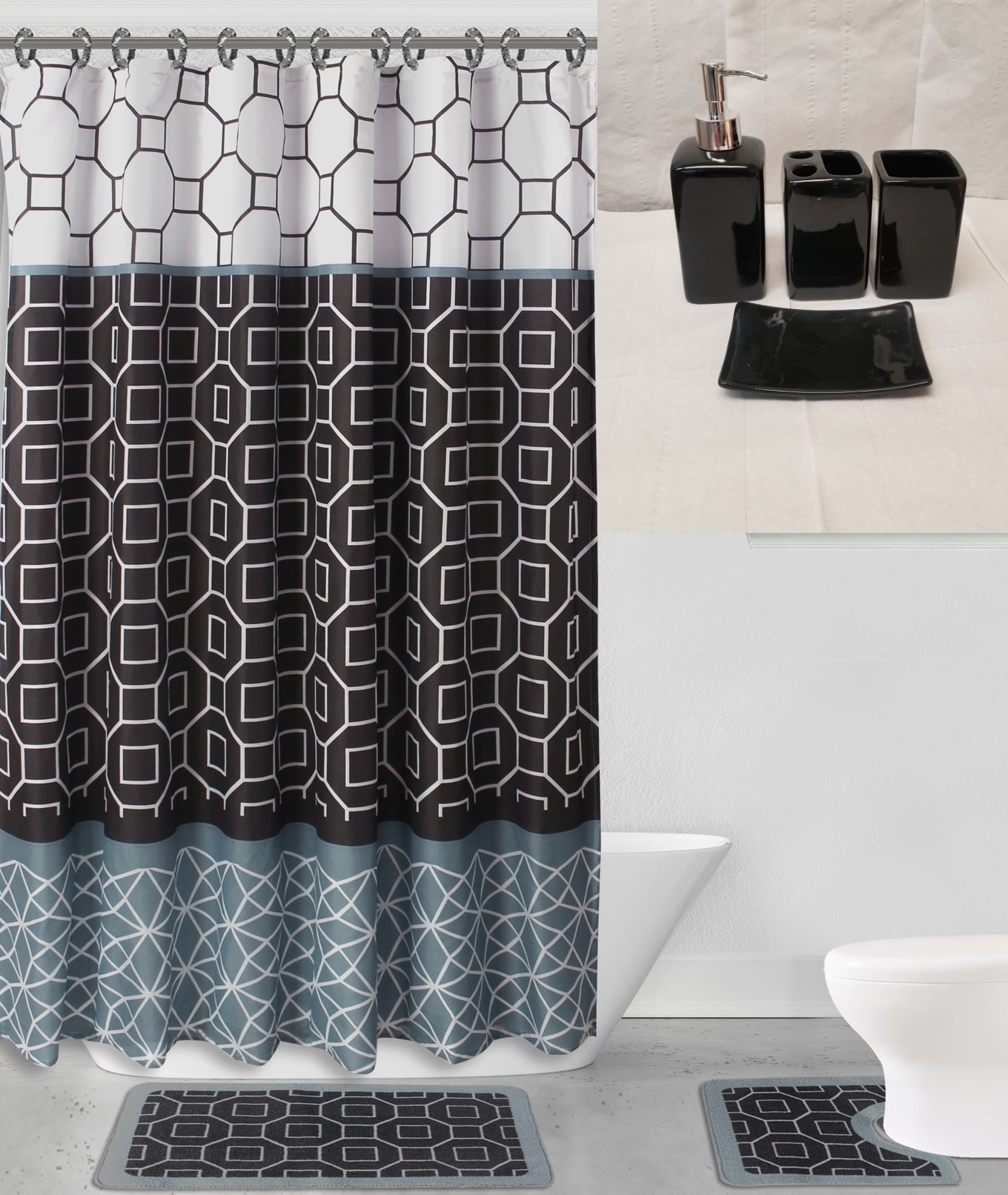 Bath Fusion Black and Grey Diamond Design Shower Curtain, 72" x 72" 19 Count