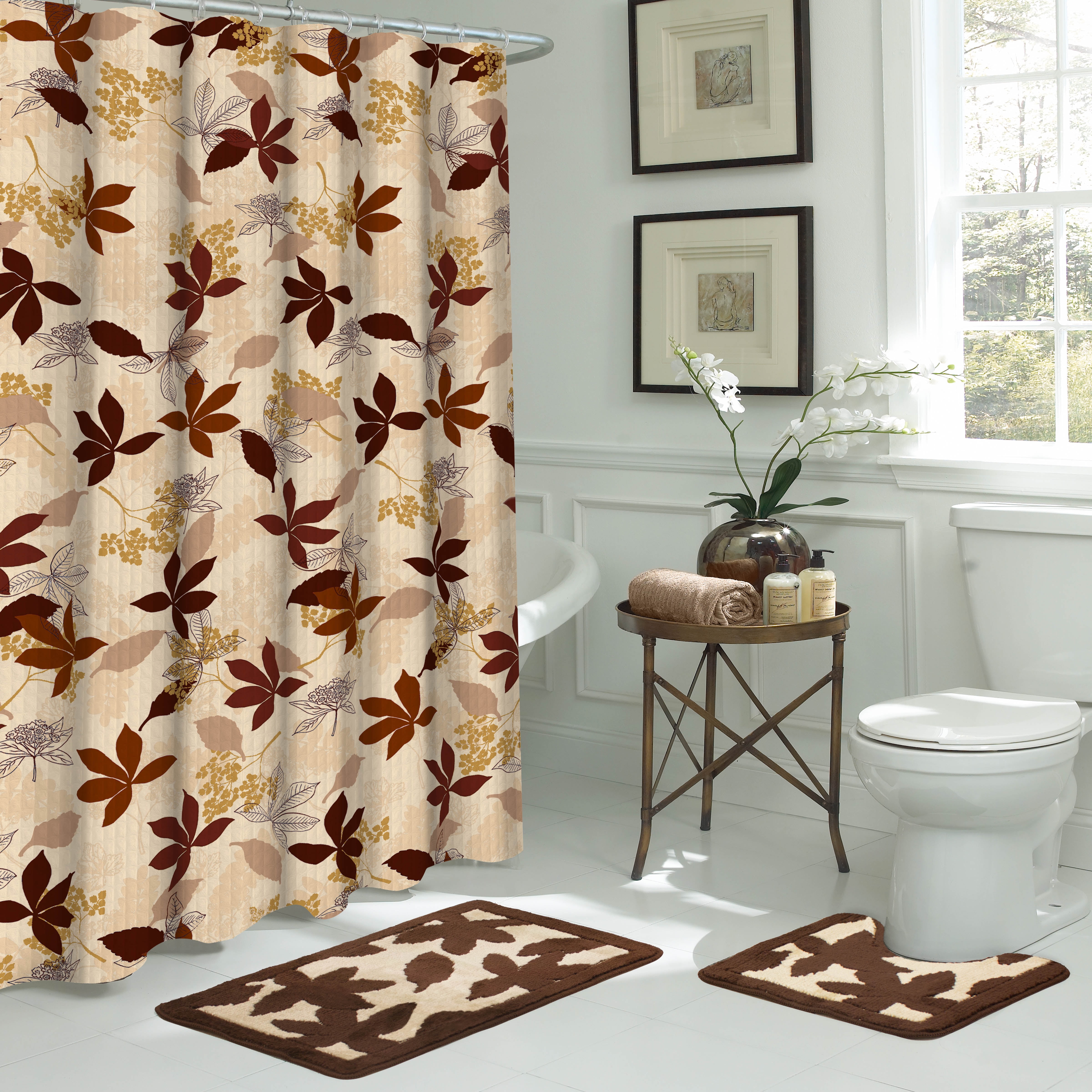 Brown Geometric, Bathroom Set, 15 Piece, Blowing Leaves