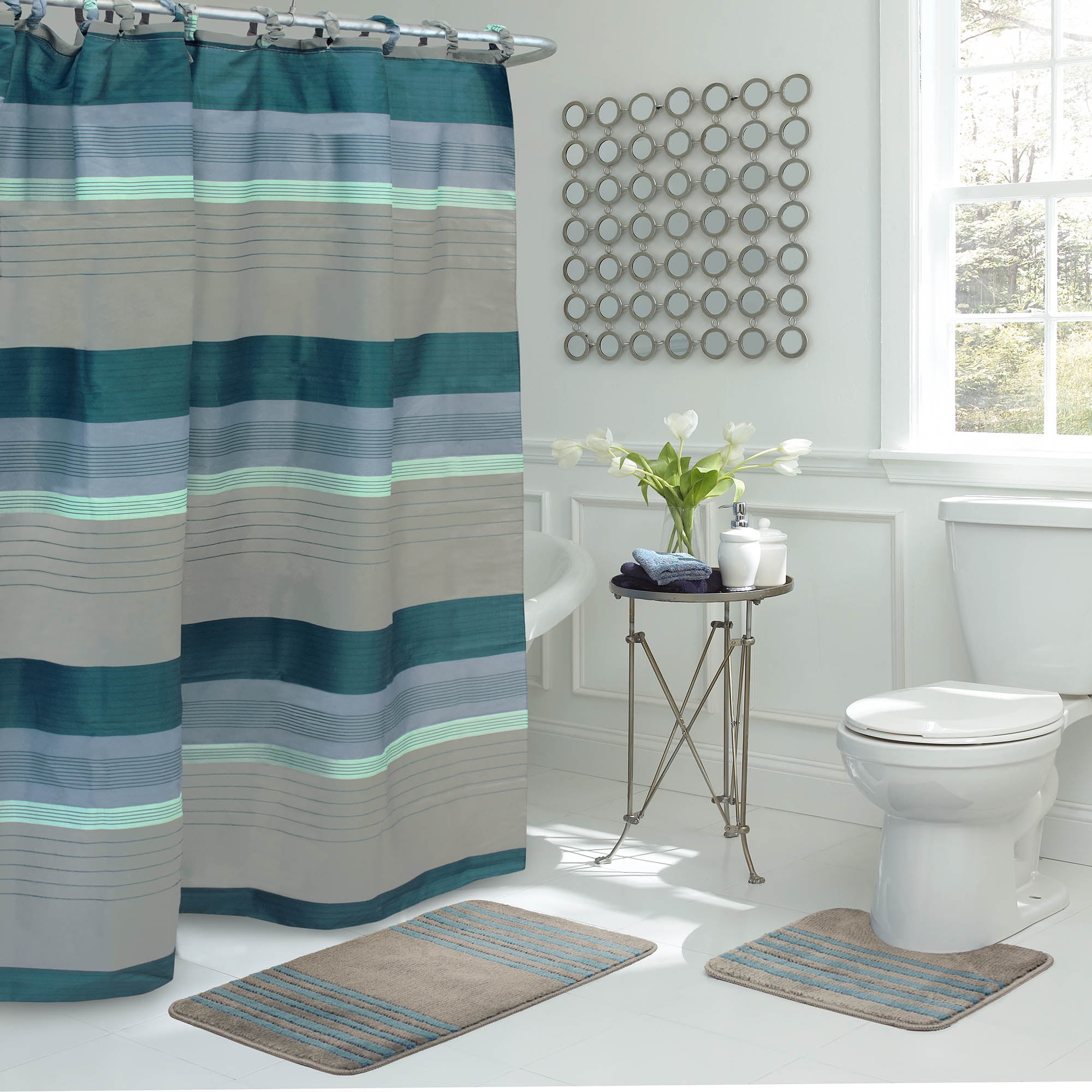 Regent Stripe 15-Piece Bathroom Polyester Shower Curtain Set, 72x72