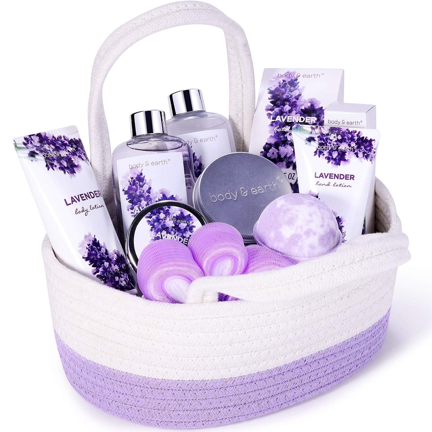 Body & Earth Bath Gift Sets for Women - 11 Pcs Lavender Spa Basket Kits, Luxury Self Care Holiday Beauty Birthday Gifts for Her