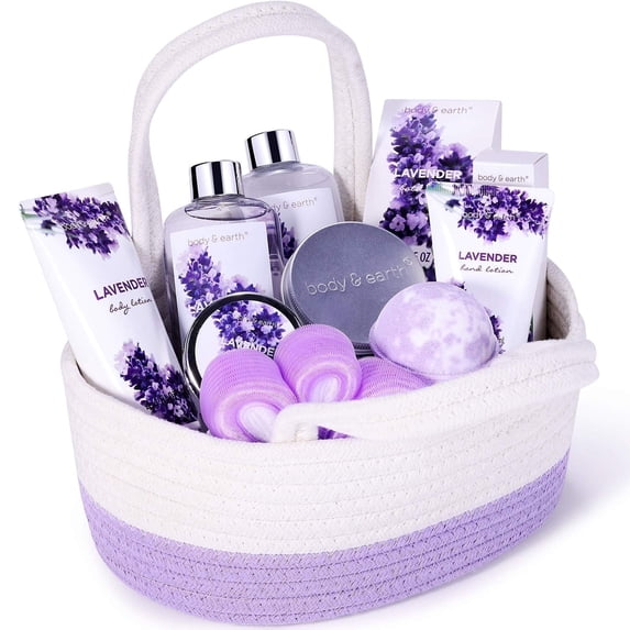 Body & Earth Bath Gift Set for Women - 11 Pcs Lavender Spa Basket Kits, Holiday Valentines Day Birthday Gifts for Her