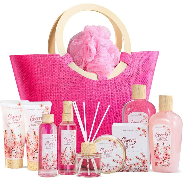 Bath Gift Sets for Women 11 Pcs Cherry Blossom Spa Gift Baskets, Relaxing Holiday Valentines