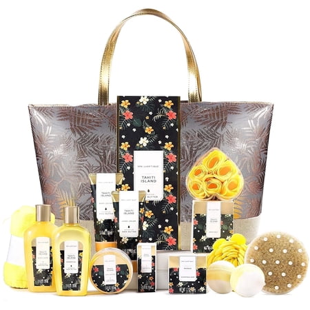Bath Gift Sets for Women - 15 Pcs Tahiti Island Spa Baskets with Tote Bag, Beauty Bath and Body Birthday Gifts for Her