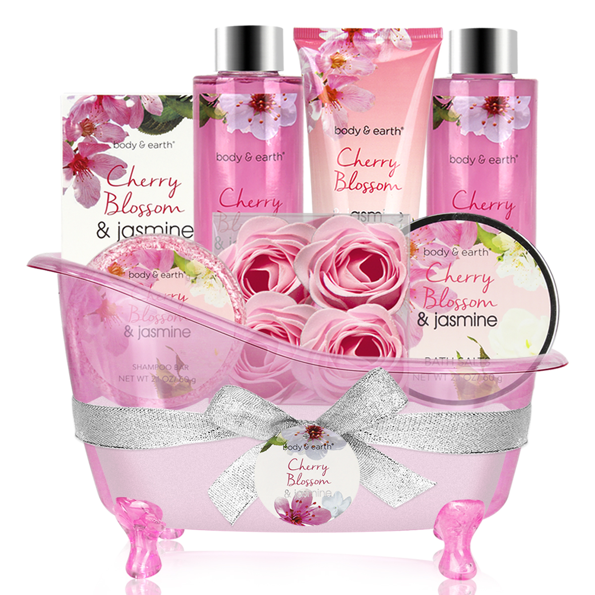 Bath Gift Sets for Women, 8 Pcs Cherry Blossom & Jasmine Spa Baskets, Beauty Body Holiday Birthday Mothers Day Gifts for Mom - image 1 of 13