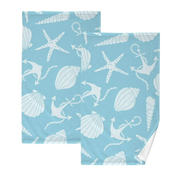 Bath Hand Towel 2 Pcs Beach Coastal Seashells Sea Stars and Anchors Absorbent Face Towel Soft Breathable Cotton Towel Set for Bathroom Kitchen Hotel Spa Gift Decor