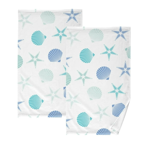 Bath Hand Towel 2 Pcs Beach Coastal Seashells and Sea Stars Icons Absorbent Face Towel Soft Breathable Cotton Towel Set for Bathroom Kitchen Hotel Spa Gift Decor