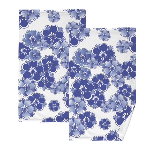 Bath Hand Towel 2 Pcs Blue and White Chinese Style Flowers Absorbent Face Towel Soft Breathable Cotton Towel Set for Bathroom Kitchen Hotel Spa Gift Decor