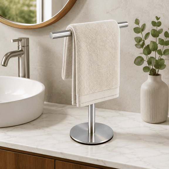 Bath Hand Towel Holder Standing, T-Shape Towel Bar Rack Stand, Stainless Steel Brushed Finish, Tower Bar for Bathroom Kitchen Vanity Countertop
